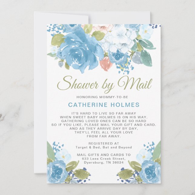 Blue Florals Shower By Mail Baby Shower Invitation (Front)