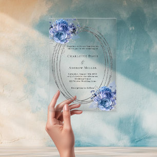 Blue florals silver frame clear wedding acrylic invitations