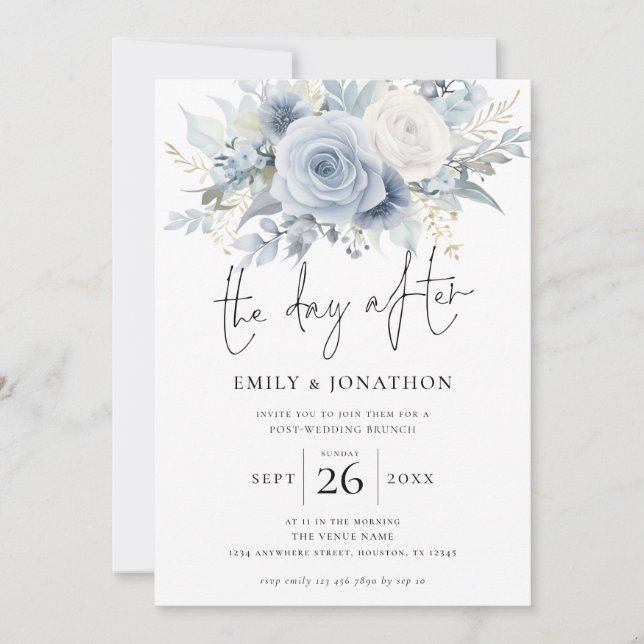 Blue Florals The Day After Photo Wedding Brunch  Invitation (Front)