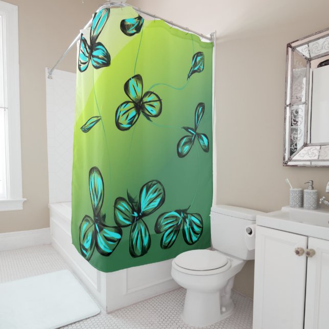 Blue Florets on Green Shower Curtain (In Situ)