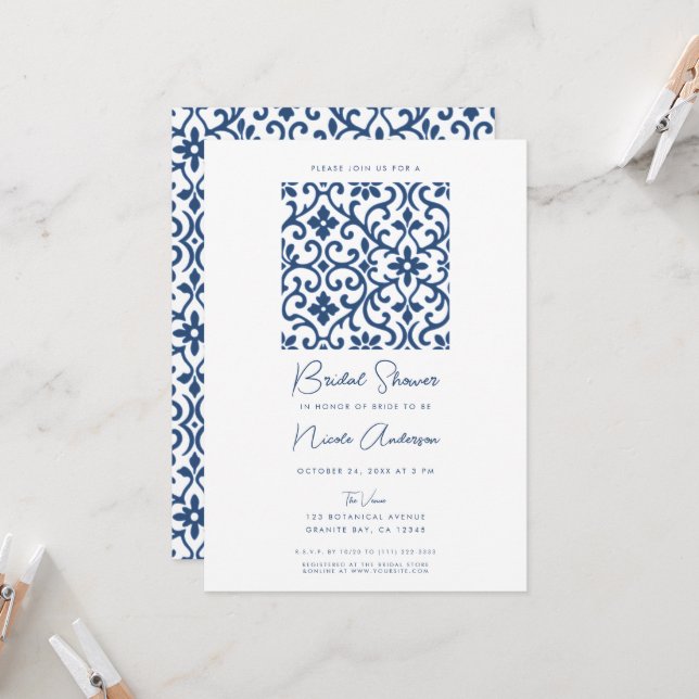 Blue Flourish Baroque Old World Bridal Shower Invitation (Front/Back In Situ)