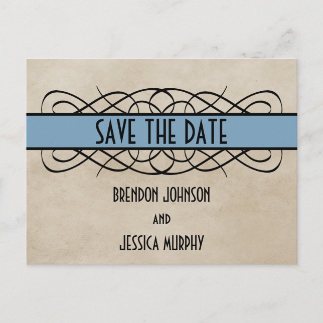 Blue Flourish Border Save the Date Postcard (Front)