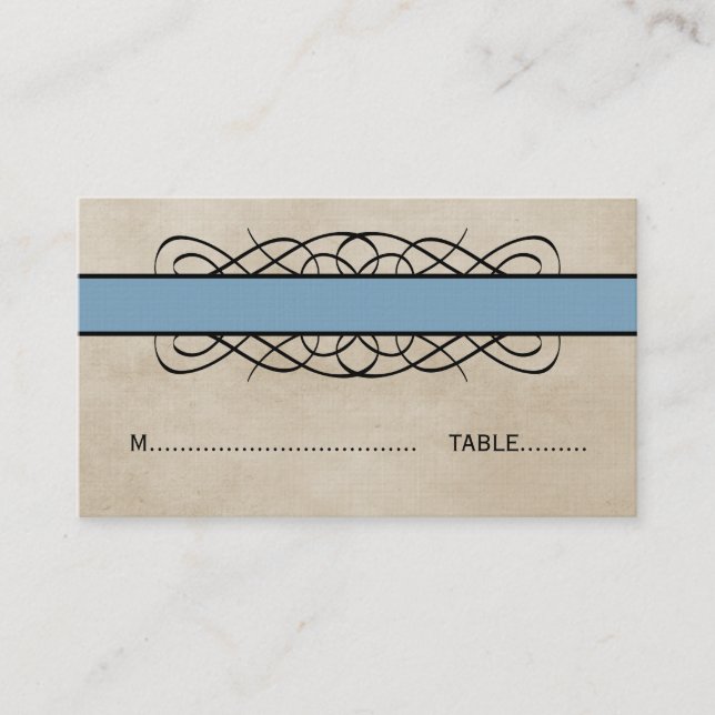 Blue Flourish Border Wedding Place Card (Front)
