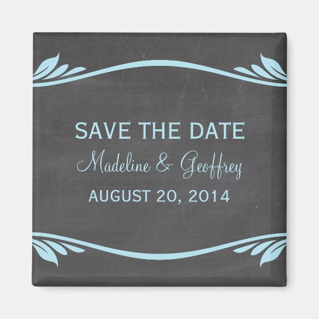 Blue Flourish Chalkboard Save the Date Magnet (Front)