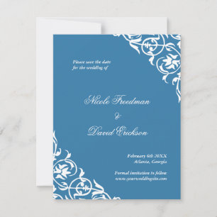 Blue flourish classy scroll wedding save the date