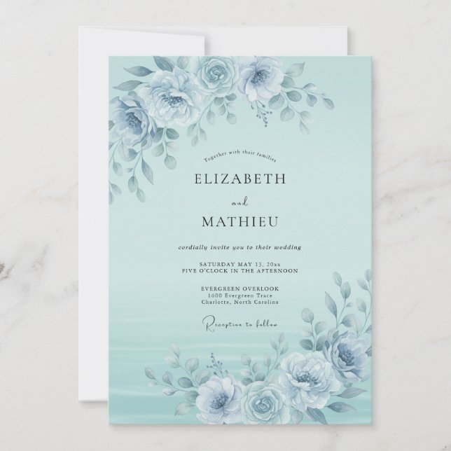 Blue Flourish Floral Wedding Invitation (Front)