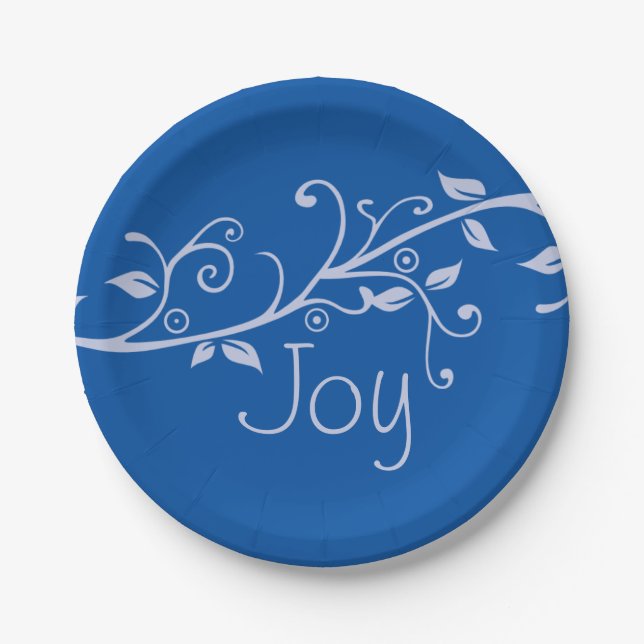 Blue Flourish Joy Christmas Party Paper Plate (Front)
