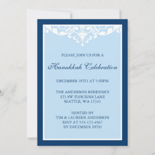 Blue Flourish Scroll Hanukkah Holiday Party Invitation