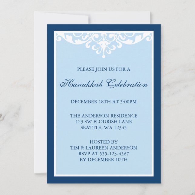 Blue Flourish Scroll Hanukkah Holiday Party Invitation (Front)