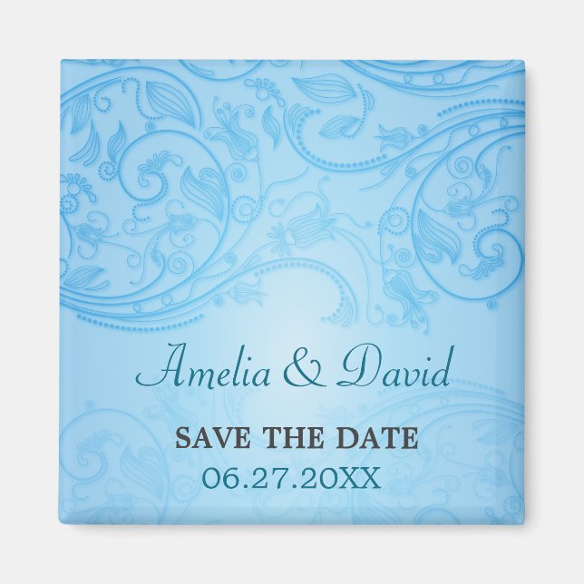 Blue Flourish Wedding Save the Date Magnet (Front)