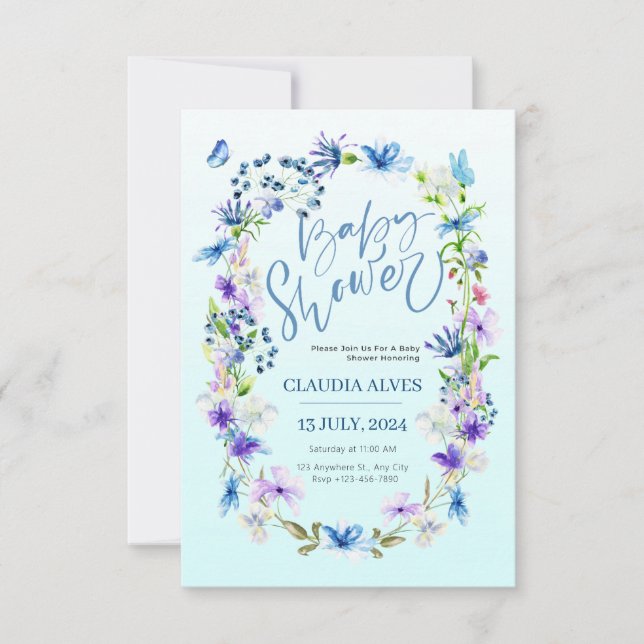 blue flower and butterfly watercolor babyshower invitation (Front)