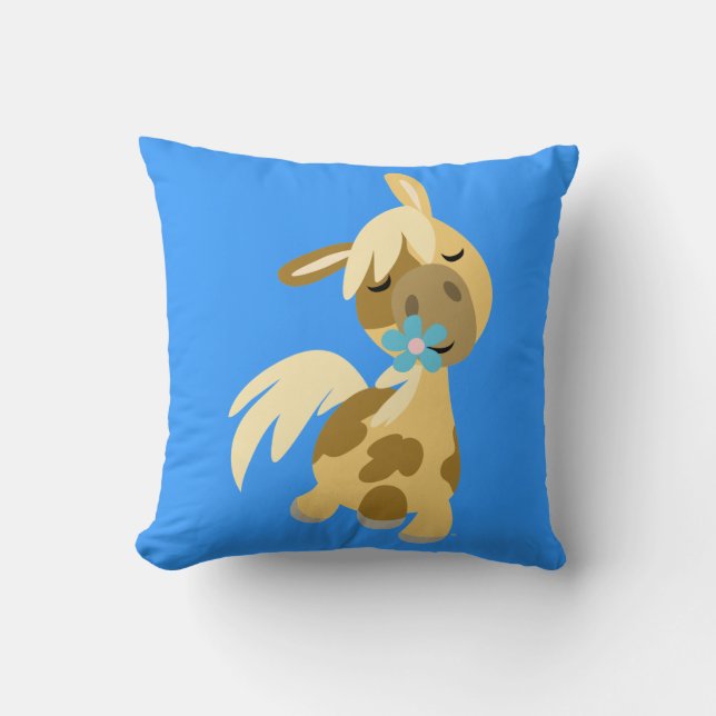 Blue Flower and Cute Cartoon Pony Pillow (Front)