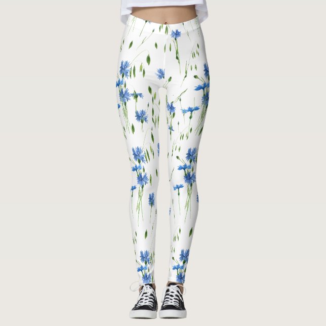 Blue flower and green leaves design transparent leggings (Front)