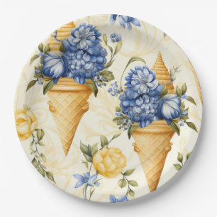 Blue Flower and Ice Cream Paper Plate