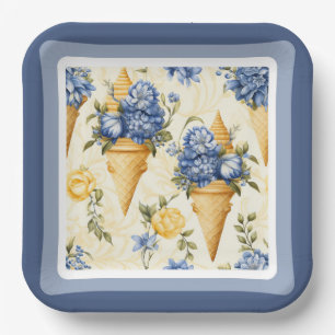 Blue Flower and Ice Cream with Border Paper Plate