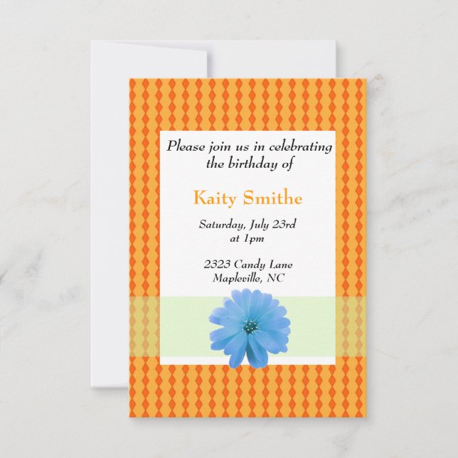 Blue Flower and Orange Diamond Birthday Invitation (Front)