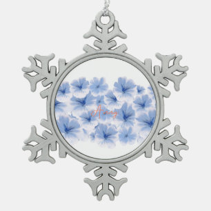 Blue flower art watercolor painting  snowflake pewter christmas ornament
