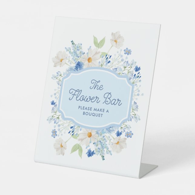Blue Flower Bar Bridal Shower Pedestal Sign (Front)