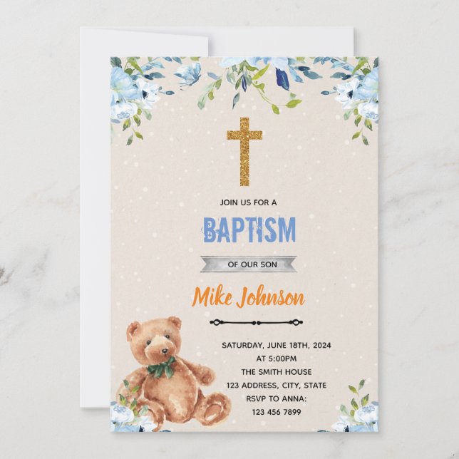 Blue flower bear baptism invitation (Front)
