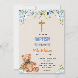 Blue flower bear baptism invitation