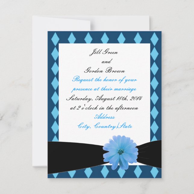 Blue Flower Black Ribbon Wedding Invitation (Front)