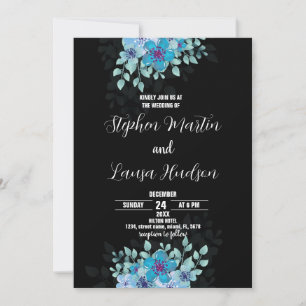 Blue Flower Black Wedding Invitations