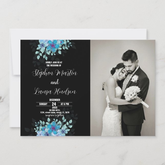 Blue Flower Black Wedding Invitations with photo (Front)