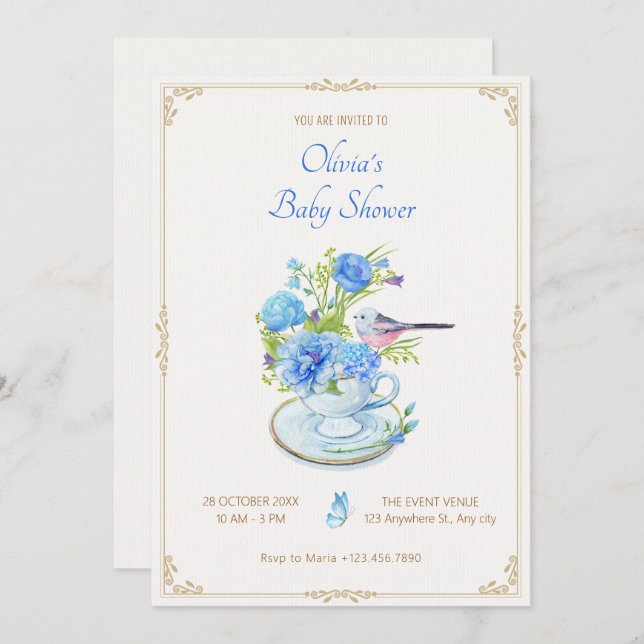 Blue flower bouquet bird baby shower invitation (Front/Back)