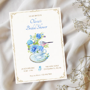 Blue flower bouquet bird bridal shower invitation