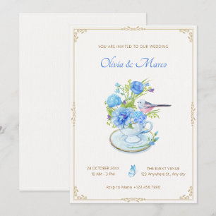 Blue flower bouquet bird wedding invitation