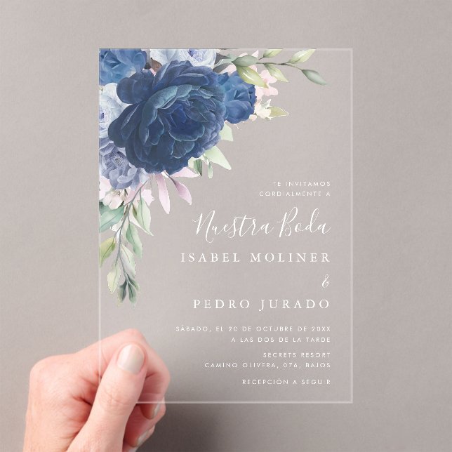 Blue Flower Bouquet Nuestra Boda Spanish Wedding Acrylic Invitations (Insitu (Handheld))