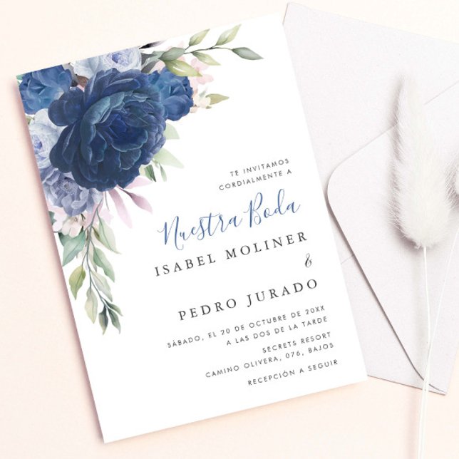 Blue Flower Bouquet Nuestra Boda Spanish Wedding Invitation (Creator Uploaded)