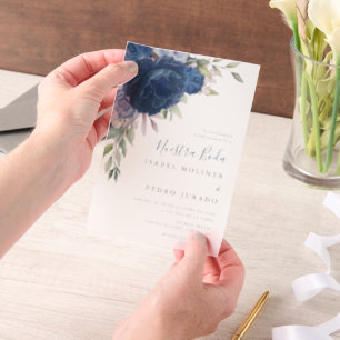 Blue Flower Bouquet Nuestra Boda Spanish Wedding Vellum Invitations