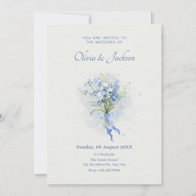 Blue flower bouquet wedding invitation (Front)