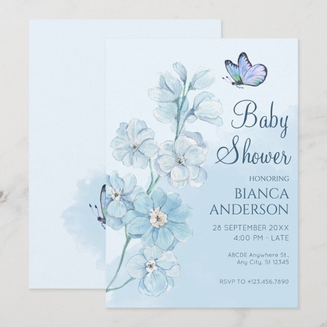 Blue Flower butterfly Watercolor Baby Shower Invitation (Front/Back)