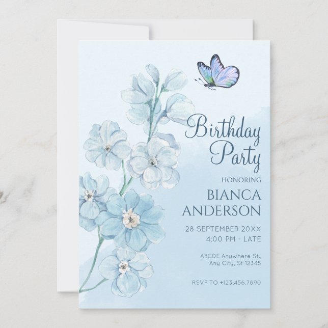Blue Flower butterfly Watercolor Birthday Invitation (Front)