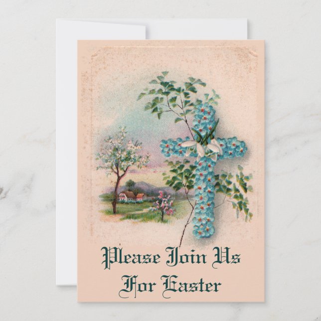 Blue Flower Cross Easter Invitation (Front)
