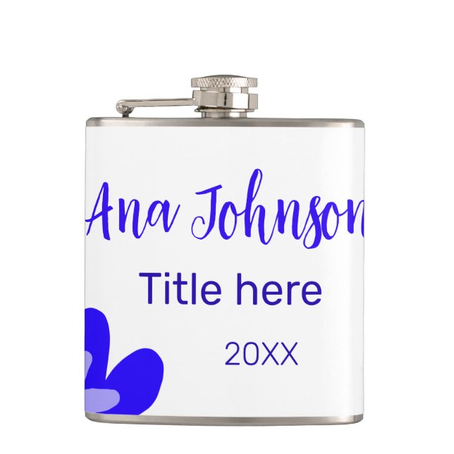 Blue flower doodle name title year 20XX profession Hip Flask (Front)