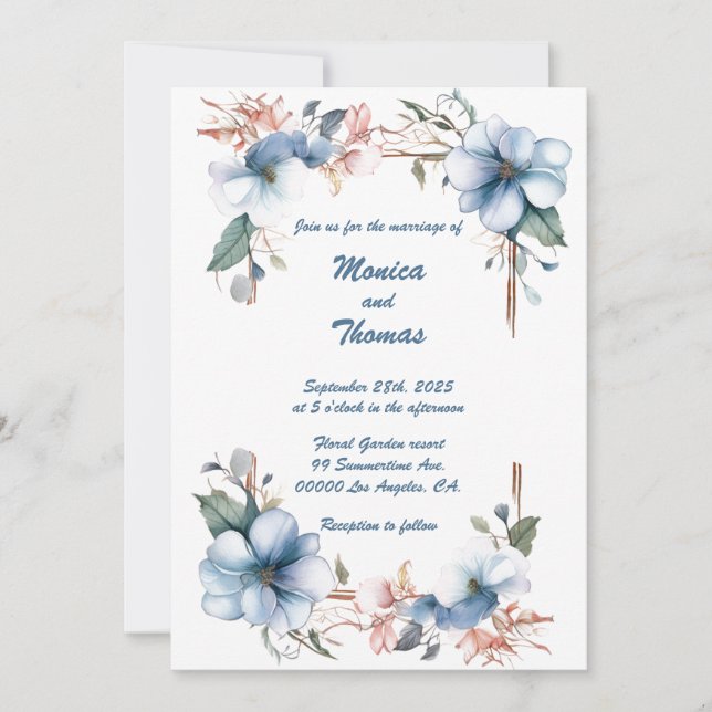 Blue Flower Double Personalized Wedding Invitation (Front)