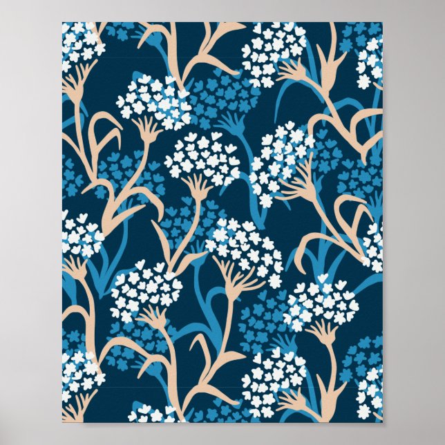 Blue Flower Drawing Pattern Poster (Front)