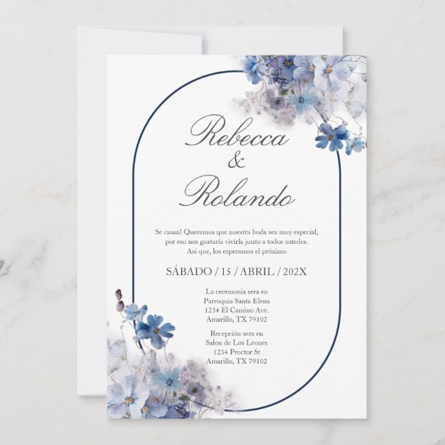 Blue flower Elegant Wedding Invitation in Spanish (Front)