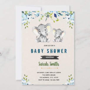 Blue flower elephant theme invitation