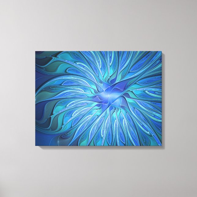 Blue Flower Fantasy Pattern Abstract Art Triptych Canvas Print (Front)