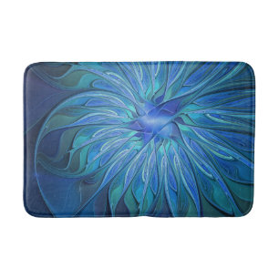 Blue Flower Fantasy Pattern, Abstract Fractal Art Bath Mat