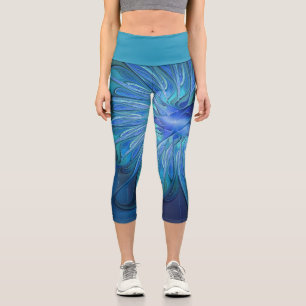 Blue Flower Fantasy Pattern, Abstract Fractal Art Capri Leggings