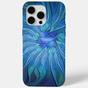 Blue Flower Fantasy Pattern, Abstract Fractal Art iPhone 15 Pro Max Case