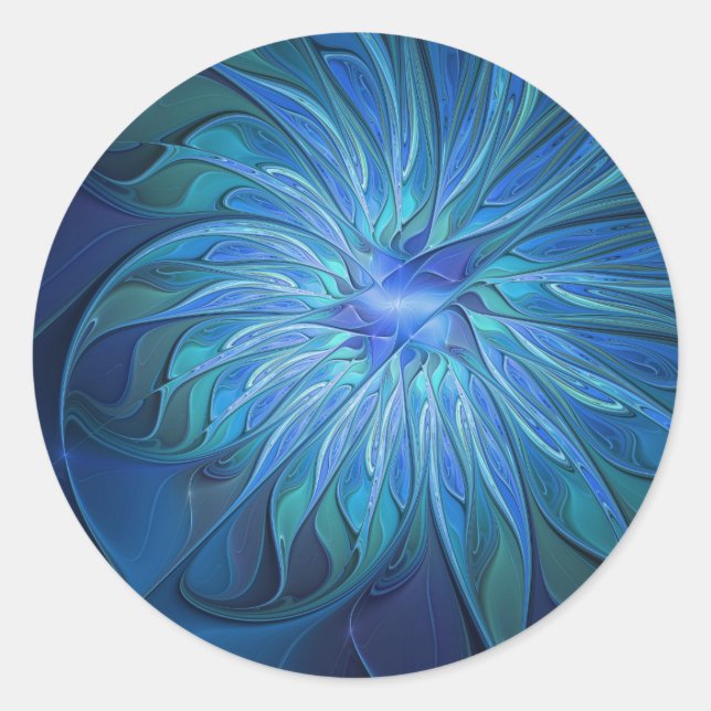 Blue Flower Fantasy Pattern, Abstract Fractal Art Classic Round Sticker (Front)
