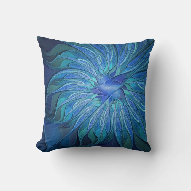 Blue Flower Fantasy Pattern, Abstract Fractal Art Cushion (Front)