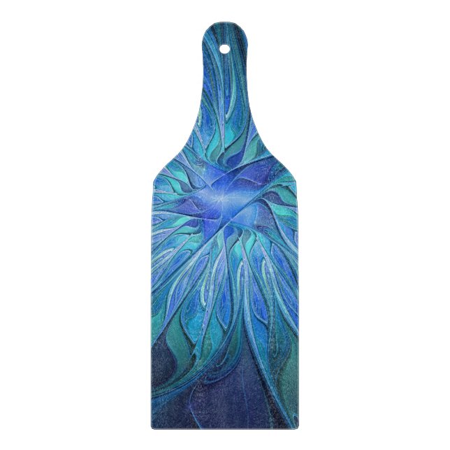 Blue Flower Fantasy Pattern, Abstract Fractal Art Cutting Board (Front)