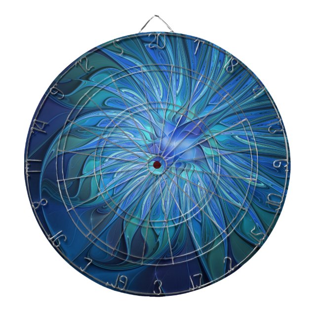 Blue Flower Fantasy Pattern, Abstract Fractal Art Dartboard (Front)